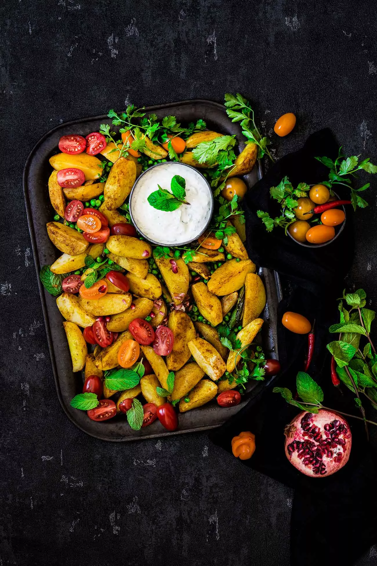 Dazu serviere ich ein gekühltes Raita. Für das Raita einfach 300 g griechischen Joghurt, eine kleine geriebene Salatgurke und gehackte, frische Minze verrühren. Das gibt den Frischekick. 