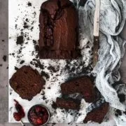 Schokoladenkuchen sind ja nicht soooo das Back-Highlight. Aber diese hat eine geheime Zutat: rote Grütze! Das macht den Kuchen schokoladig-fruchtig und so unglaublich saftig. Wenn ich euch für heute was wünschen darf, dann ist es ein gut temperiertes Büro, ein Eis in der Mittagspause und ein Stück von diesem Schokoladenkuchen.