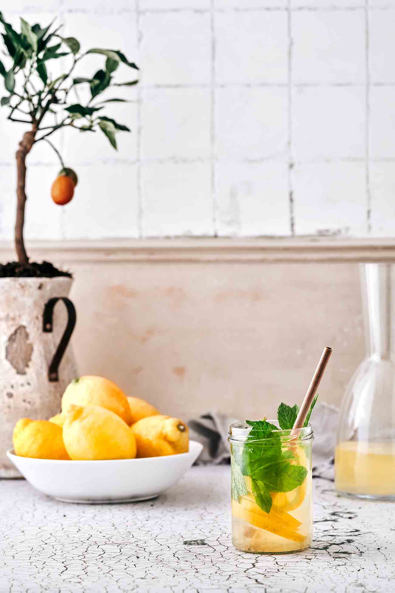 Die Temperaturen gehen in die Höhe und ich brauche eine Abkühlung nach der anderen. Da ich mich aber nicht nur von Eis ernähren kann, muss ich viel trinken. Und da Mineralwasser zwar durstlöschend ist, aber nach nix schmeckt, mache ich mir morgens eine frische Zitronenlimonade, die den ganzen Tag im Kühlschrank für mich bereit steht. Gibt zusätzlich Vitamin C und die Minze gibt den Frische-Kick. 4 Zutaten und los geht es. 