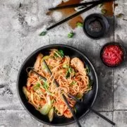 Bami Goreng Ich bin ja großer Fan von asiatischen Essen, doch habe ich in meinem Wohn-Umkreis kein wirklich gutes asiatisches Restaurant oder gar ein Imbiss, der ohne Geschmacksverstärker auskommt. Meist werden Glutamate oder auch Unmengen an Zucker verwendet. Daher ist selberkochen angesagt. Und das wirklich schnell gemachte Bami Goreng braucht nur wenig Zutaten und kommt ganz ohne Zuckerzusatz aus. Bei der Sojasoße und bei der Gemüsebrühe achte ich auch darauf, dass kein Zucker enthalten ist, denn der gehört da einfach nicht hin. Den spare ich mir dann für Kuchen, Desserts & Co auf. 250 g Chinesische Nudeln (Woknudeln) 400 g Karotten 3 Frühlingszwiebeln 300 g Pak Choi 400 g Putengeschnetzeltes 5 EL Sojasoße oder Ketjap Manis 1 -2 EL Sambal Oelek 100 ml Gemüsebrühe Öl zum Anbraten (zum Beispiel Erdnussöl) Nudeln 3 Minuten in Salzwasser kochen, abseihen, abtropfen lassen und kalt abspülen Karotten in Streifen schneiden, Frühlingszwiebeln in Röllchen schneiden und das Zwiebelgrün zur Seite stellen Pak Choi in 1 cm dicke Streifen schneiden Öl in einer großen Pfanne erhitzen und die Putenstreifen von allen Seiten goldbraun anbraten, herausnehmen und zur Seite stellen In der gleichen Pfanne die Nudeln 3 Minuten anbraten (ggf. etwas Öl zugeben), herausnehmen und zur Seite stellen In der gleichen Pfanne Möhrenstreifen, Frühlingszwiebeln und Pak Choi 2 Minuten unter Rühren anbraten Sojasoße und Sambal Oelek zugeben und mit Brühe aufgießen und aufkochen lassen Hitze reduzieren, Putenstreifen und Nudeln unterheben und erhitzen Mit den Zwiebelgrün bestreuen und servieren