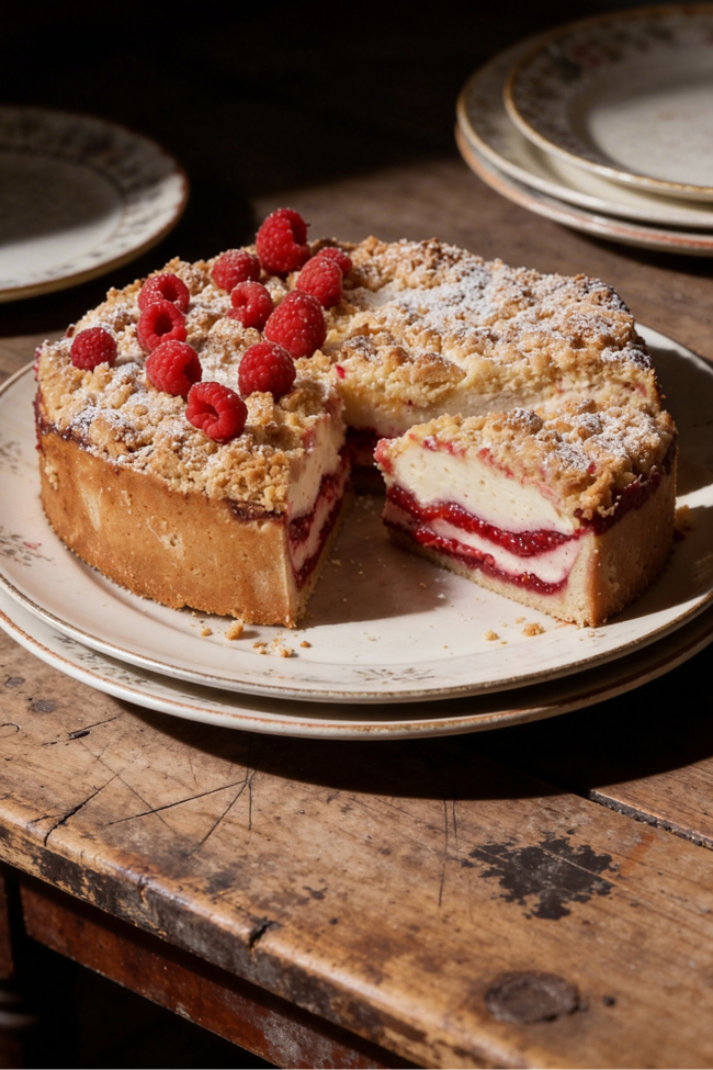 HIMBEER-KÄSEKUCHEN MIT STREUSELN
