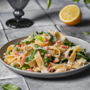 Zitronen-Cacio e Pepe mit Bacon, Rucola & Basilikum