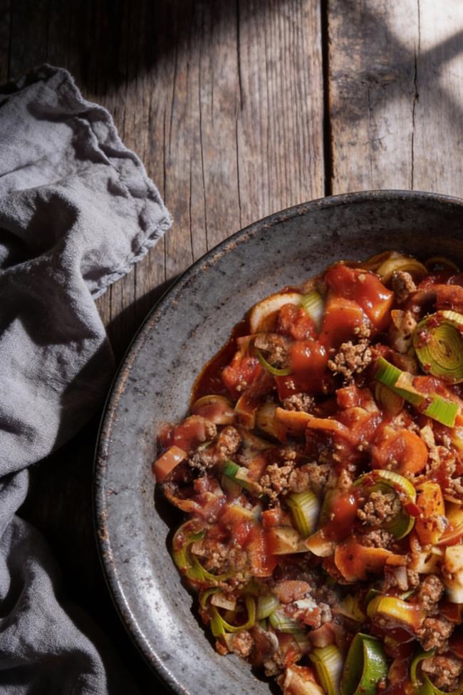 Schnelle Hack-Lauch Pfanne