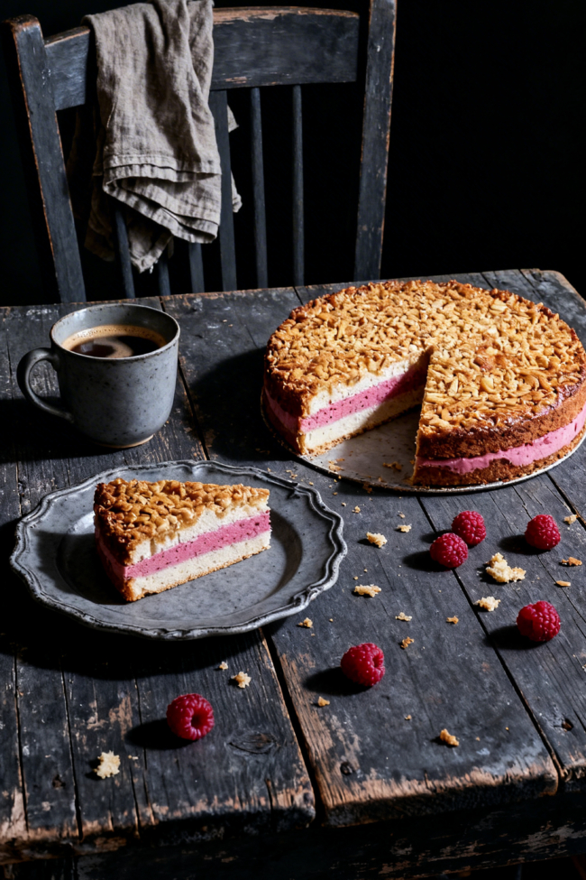Quarkkuchen mit Himbeerfüllung und Bienenstich-Topping